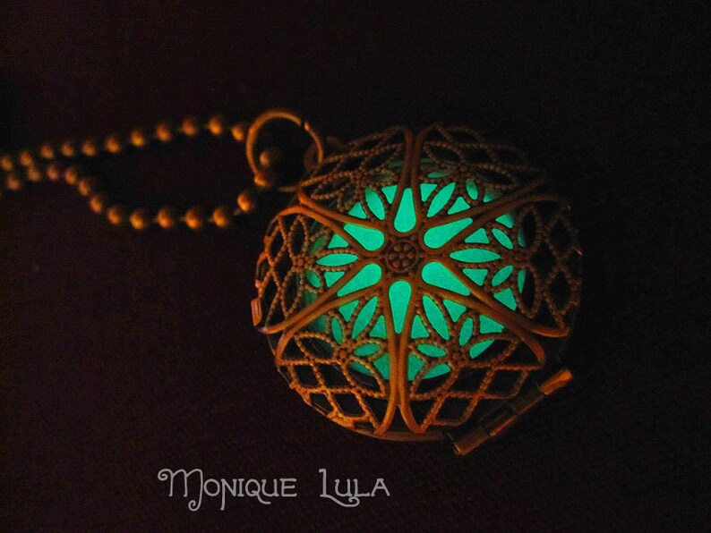 Green Glow in the Dark Antiqued Brass Filigree Locket image 3