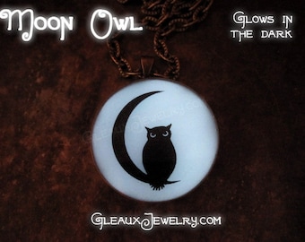 Owl sitting on Crescent Moon glow in the dark 1" circle pendant