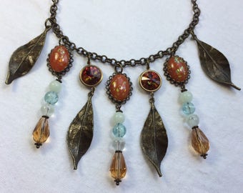 Autumn Fire Statement Necklace / Orange Opal / Glow in the Dark / Leaf Jewelry / Teardrop Crystals / Topaz Beads / Swarovski Rivolis