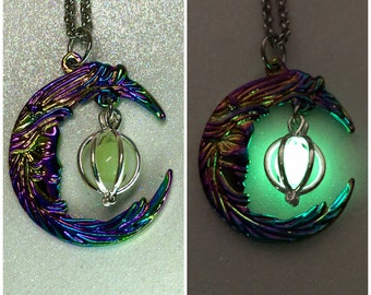 Aurora Borealis Crescent Moon Glow Galaxy Orb Necklace