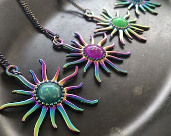 Aurora Solaris Glow in the dark Necklace Iridescent Sun Pendant with Glowing Opal Resin