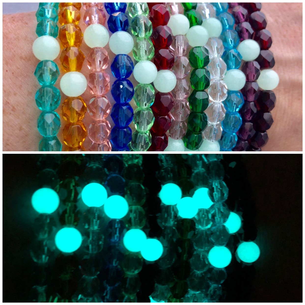 Birthstone Beaded Bracelet / Faceted Beads / Czech Glass / Glow in the Dark  / Bridesmaid Gift / Artisan Jewelry / Glowing / Stretch Bracelet