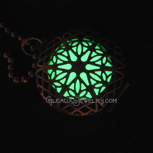 Green Glow in the Dark Antiqued Brass Filigree Locket image 2