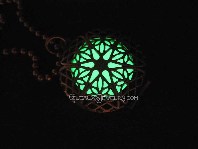 Green Glow in the Dark Antiqued Brass Filigree Locket image 2