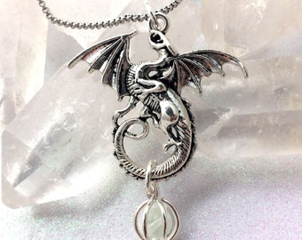 Magical Winged Dragon with Caged Glowing Orb Egg Pendant Necklace