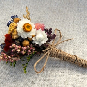 Romantic Montana Fall Boutonniere  Pin On or Wrist Corsage of Multi Colored Dried Flowers, Grasses and Grains by paulajeansgarden