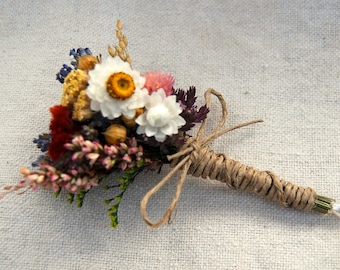 Romantic Montana Fall Boutonniere  Pin On or Wrist Corsage of Multi Colored Dried Flowers, Grasses and Grains by paulajeansgarden