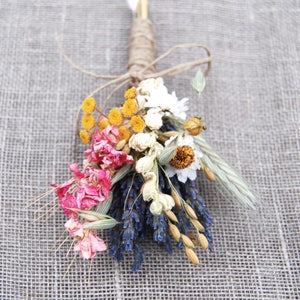 Warm Summer Wildflower Wedding Boutonnieres or Corsages in Gold and Pinks Lavender and Wheat