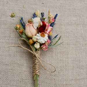 Romantic Blush and Burgundy Wedding Boutonniere or Corsage in Ivory Sage Pinks Lavender Wildflowers and Wheat Boutonniere