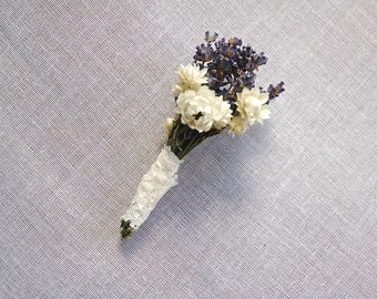 Custom Lavender Boutonniere with White Dried Flowers wrapped in Lace