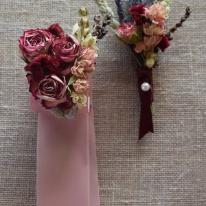 Romantic Blush and Burgundy Wedding Boutonniere or Corsage in Ivory Sage Pinks Lavender Wildflowers and Wheat image 6