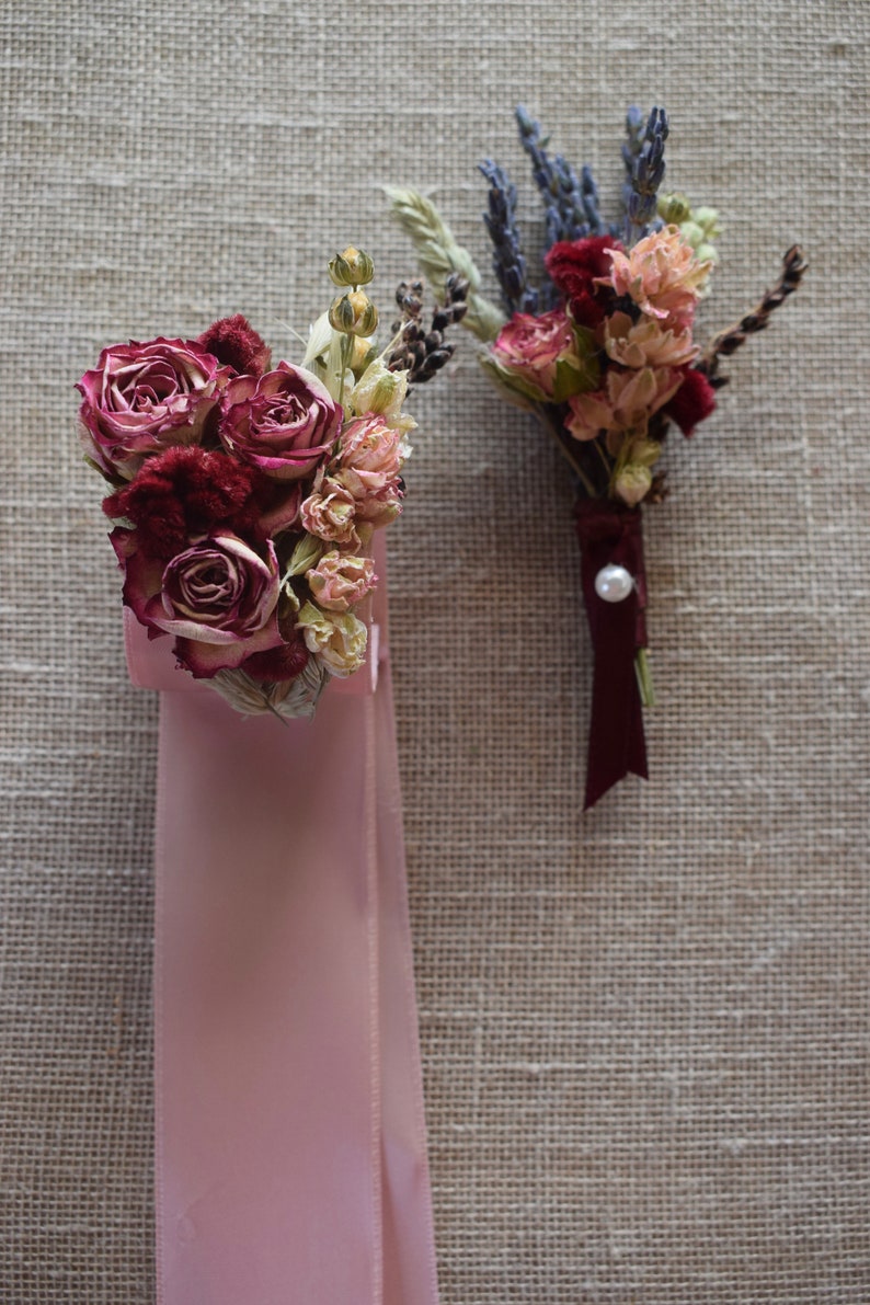 Romantic Blush and Burgundy Wedding Boutonnieres or Corsages in Ivory Sage Pinks Lavender Wildflowers and Wheat image 6