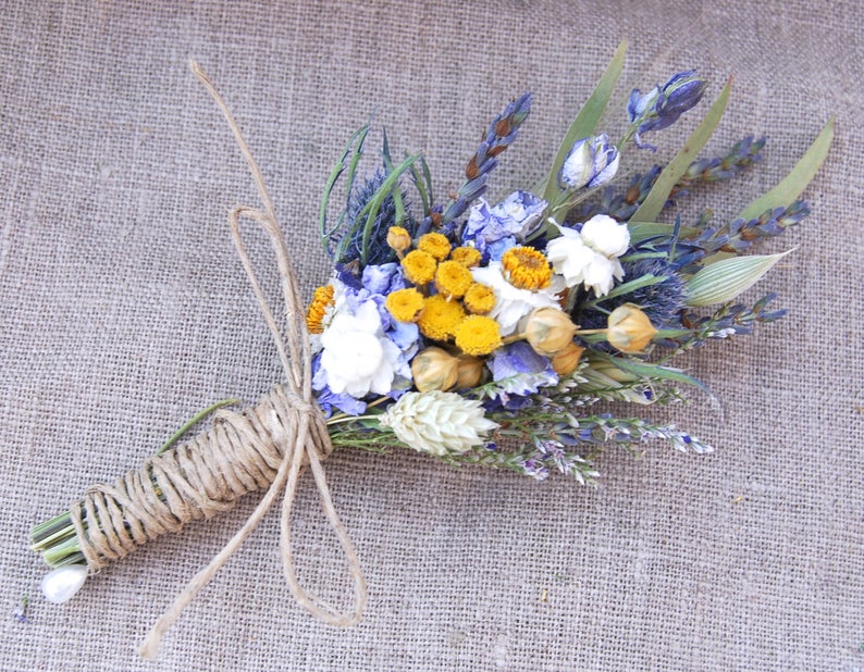 Summer Skies Boutonniere  Pin On or Wrist Corsage of Lavender Blue Yellow White Naturals Dried Flowers, Grasses and Grains 