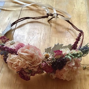 Dusty Blush Pink and Lavender Blue Brides Wedding Flower Crown or Comb French Lavender Pink & Burgundy Peonies, Dried Flowers image 6