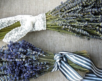 2 Double Bouquets One of English and One French Lavender wrapped with Stripes and Lace