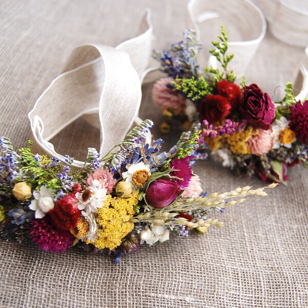 Romantic Montana Fall Wrist Corsage Boutonniere or Pin On Corsage of Multi Colored Dried Flowers, Grasses and Grains by paulajeansgarden