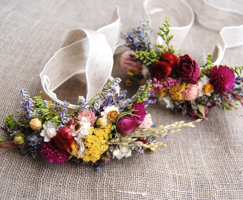 Romantic Montana Fall Wrist Corsage Boutonniere or Pin On Corsage of Multi Colored Dried Flowers, Grasses and Grains by paulajeansgarden 