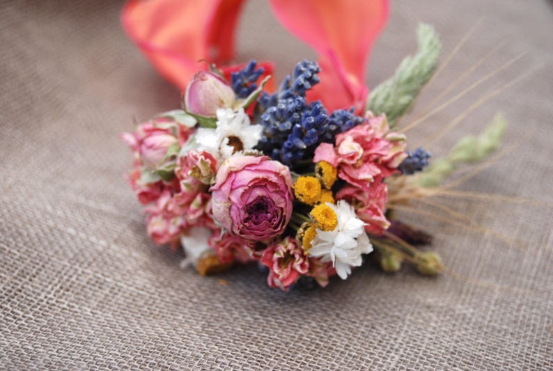 Warm Summer Wildflower Wedding Boutonnieres or Corsages in Gold and Pinks Lavender and Wheat image 10