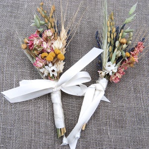 Warm Summer Wildflower Wedding Boutonnieres or Corsages in Gold and Pinks Lavender and Wheat image 7