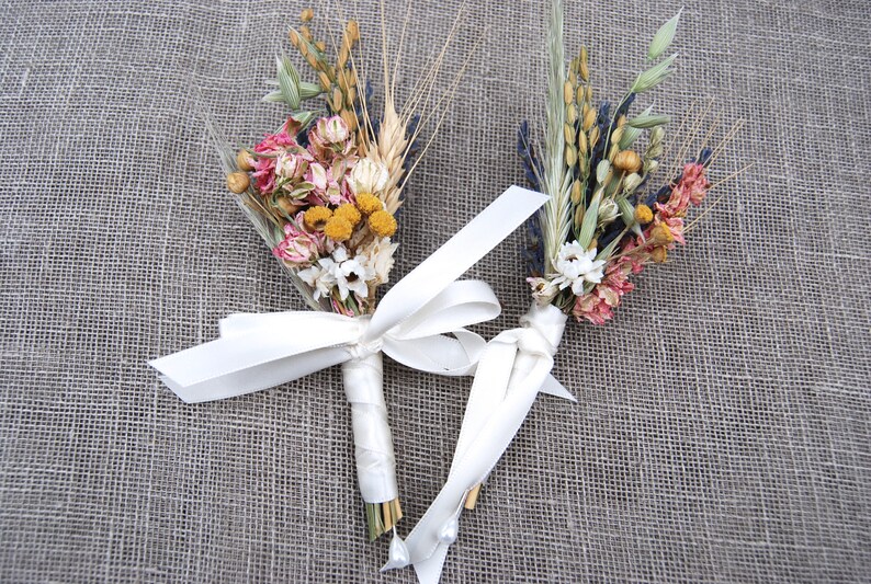 Warm Summer Wildflower Wedding Boutonnieres or Corsages in Gold and Pinks Lavender and Wheat image 7