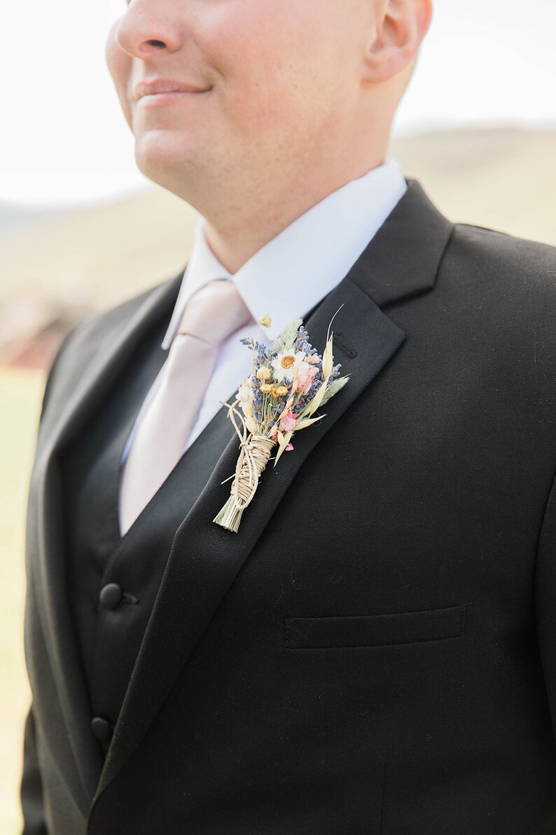 Warm Summer Wildflower Wedding Boutonnieres or Corsages in Gold and Pinks Lavender and Wheat image 2