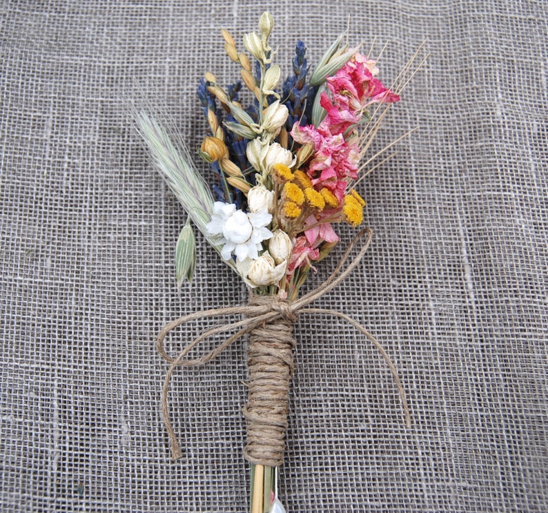 Warm Summer Wildflower Wedding Boutonnieres or Corsages in Gold and Pinks Lavender and Wheat image 6