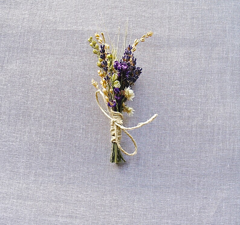 Summer Wildflower Wedding Lavender Larkspur and Wheat Boutonniere or Corsage 