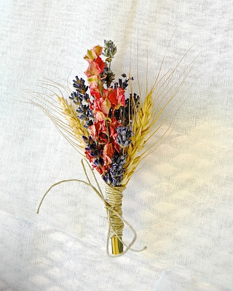 Lavender Coral Pink Larkspur and Golden Wheat Boutonniere, Pin On or Wrist Corsage Rustic Summer Autumn  Fall Wedding 