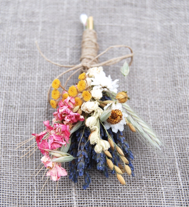 Warm Summer Wildflower Wedding Boutonnieres or Corsages in Gold and Pinks Lavender and Wheat image 1