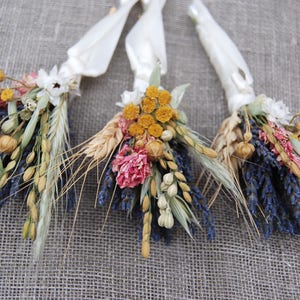 Warm Summer Wildflower Wedding Boutonnieres or Corsages in Gold and Pinks Lavender and Wheat image 9