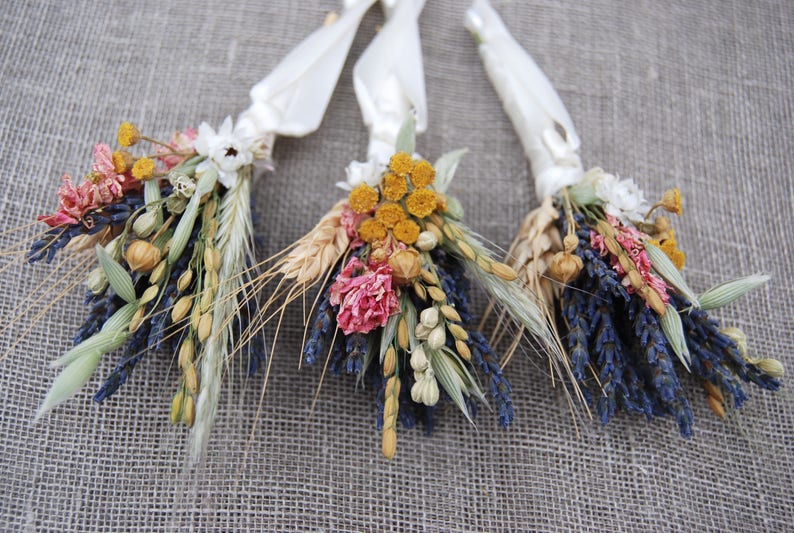 Warm Summer Wildflower Wedding Boutonnieres or Corsages in Gold and Pinks Lavender and Wheat image 9