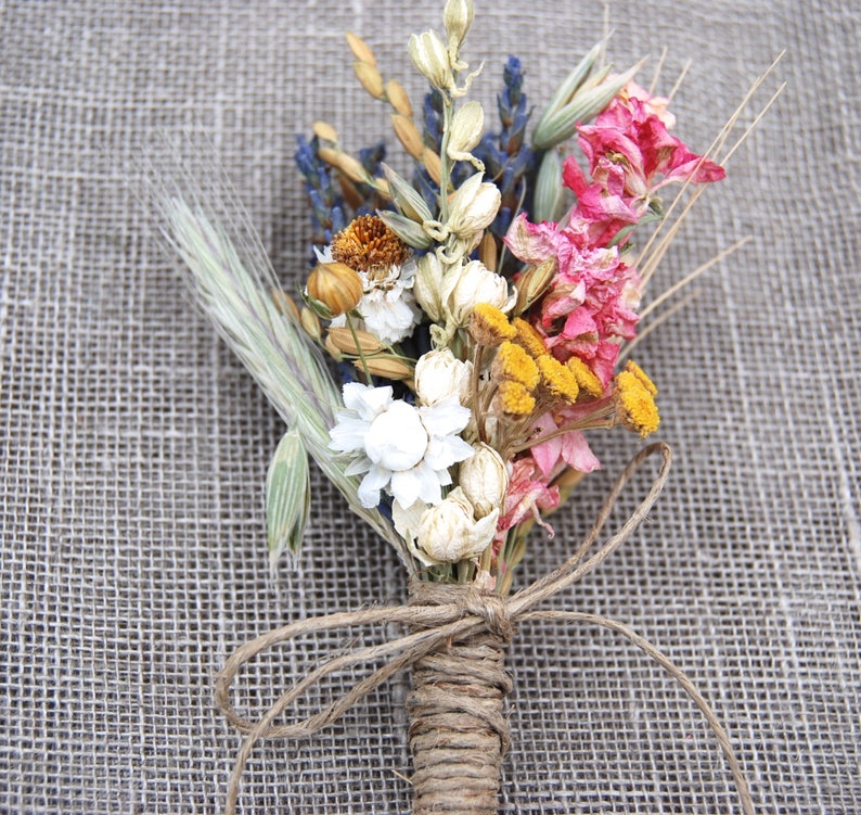 Warm Summer Wildflower Wedding Boutonnieres or Corsages in Gold and Pinks Lavender and Wheat image 4