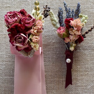 Romantic Blush and Burgundy Wedding Boutonniere or Corsage in Ivory Sage Pinks Lavender Wildflowers and Wheat image 7