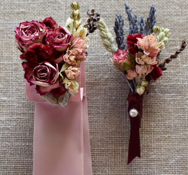 Romantic Blush and Burgundy Wedding Boutonnieres or Corsages in Ivory Sage Pinks Lavender Wildflowers and Wheat image 7