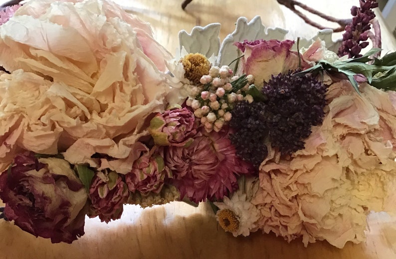 Dusty Blush Pink and Lavender Blue Brides Wedding Flower Crown or Comb French Lavender Pink & Burgundy Peonies, Dried Flowers image 5