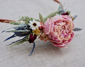 Romantic Blush and Burgundy Brides Fall Wedding Flower Crown or Comb French Lavender Pink & Burgundy Peonies, Dried Flowers