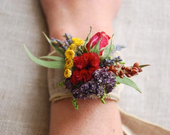 Bright Everlasting Fall Summer Wedding Flower Bracelet Wrist Corsage Pin On or Boutonniere Dried Flowers, Grasses and Grains