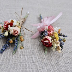 Romantic Blush and Burgundy Wedding Boutonnieres or Corsages in Ivory Sage Pinks Lavender Wildflowers and Wheat image 3