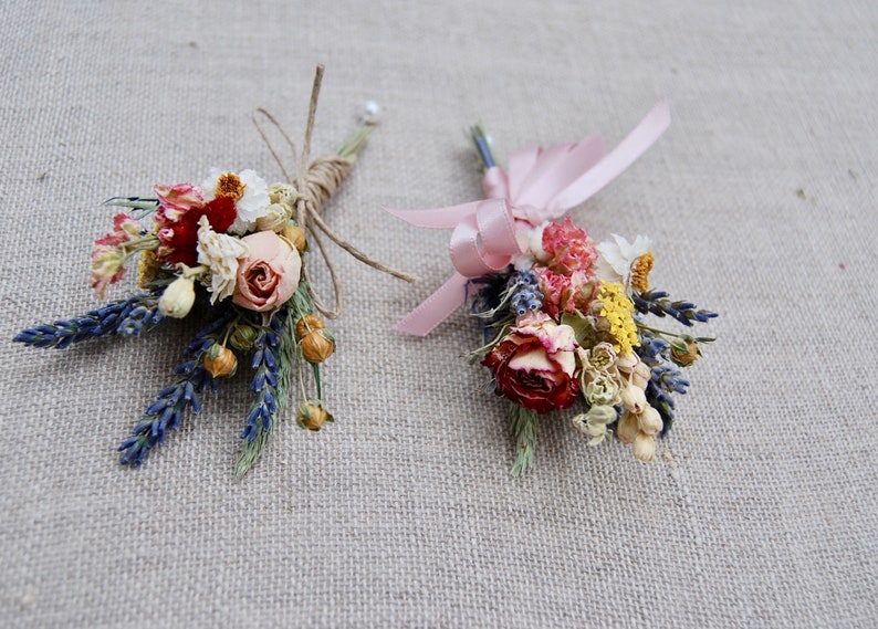 Romantic Blush and Burgundy Wedding Boutonniere or Corsage in Ivory Sage Pinks Lavender Wildflowers and Wheat image 3