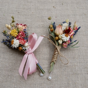 Romantic Blush and Burgundy Wedding Boutonniere or Corsage in Ivory Sage Pinks Lavender Wildflowers and Wheat image 8