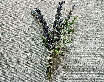 Natural Woodland Grooms Wedding Boutonniere, Corsage, or Mini Bouquet French Lavender, Cedar, Lichens and Moss Tied with Natural Hemp Twine