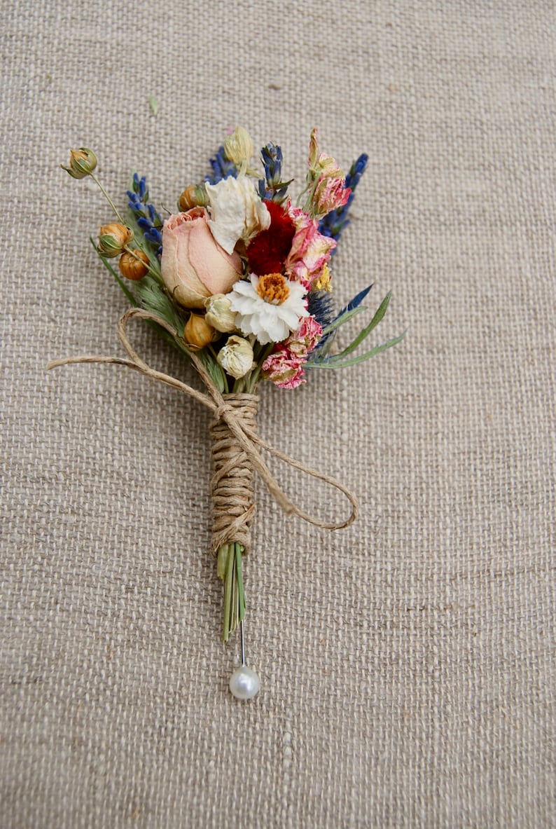Romantic Blush and Burgundy Wedding Boutonniere or Corsage in Ivory Sage Pinks Lavender Wildflowers and Wheat Boutonniere