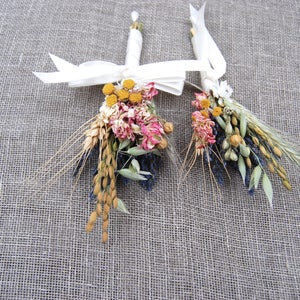 Warm Summer Wildflower Wedding Boutonnieres or Corsages in Gold and Pinks Lavender and Wheat image 8