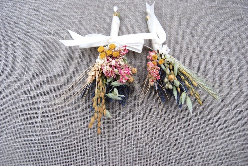 Warm Summer Wildflower Wedding Boutonnieres or Corsages in Gold and Pinks Lavender and Wheat image 8