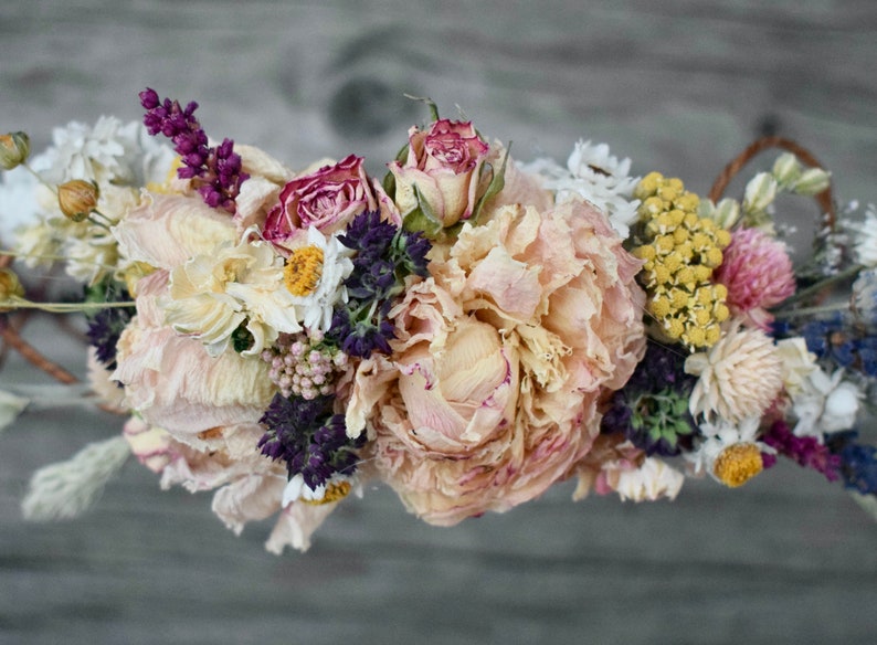 Dusty Blush Pink and Lavender Blue Brides Wedding Flower Crown or Comb French Lavender Pink & Burgundy Peonies, Dried Flowers image 1