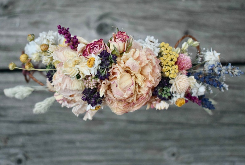 Dusty Blush Pink and Lavender Blue Brides Wedding Flower Crown or Comb French Lavender Pink & Burgundy Peonies, Dried Flowers image 2