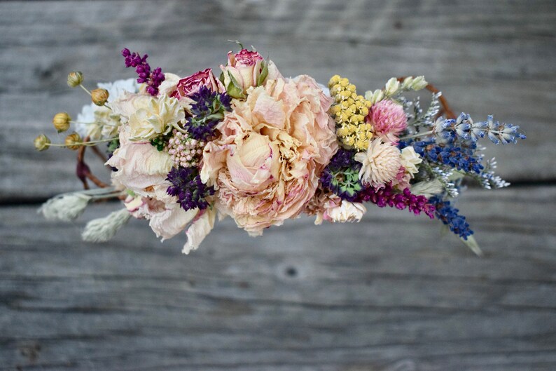 Dusty Blush Pink and Lavender Blue Brides Wedding Flower Crown or Comb French Lavender Pink & Burgundy Peonies, Dried Flowers image 3