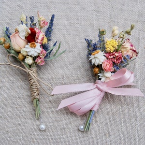 Romantic Blush and Burgundy Wedding Boutonnieres or Corsages in Ivory Sage Pinks Lavender Wildflowers and Wheat image 5