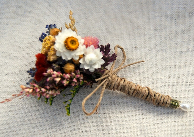 Romantic Montana Fall Boutonniere  Pin On or Wrist Corsage of Multi Colored Dried Flowers, Grasses and Grains by paulajeansgarden 