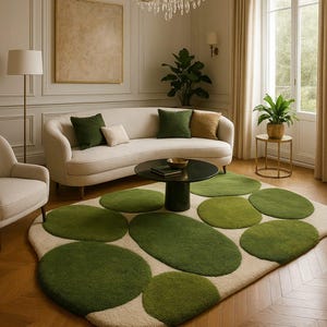 May include: A stylish living room with a cream sofa and green cushions. A black coffee table rests on a rug with green, organic shapes. The room is lit by a chandelier and a floor lamp. The window has beige curtains.